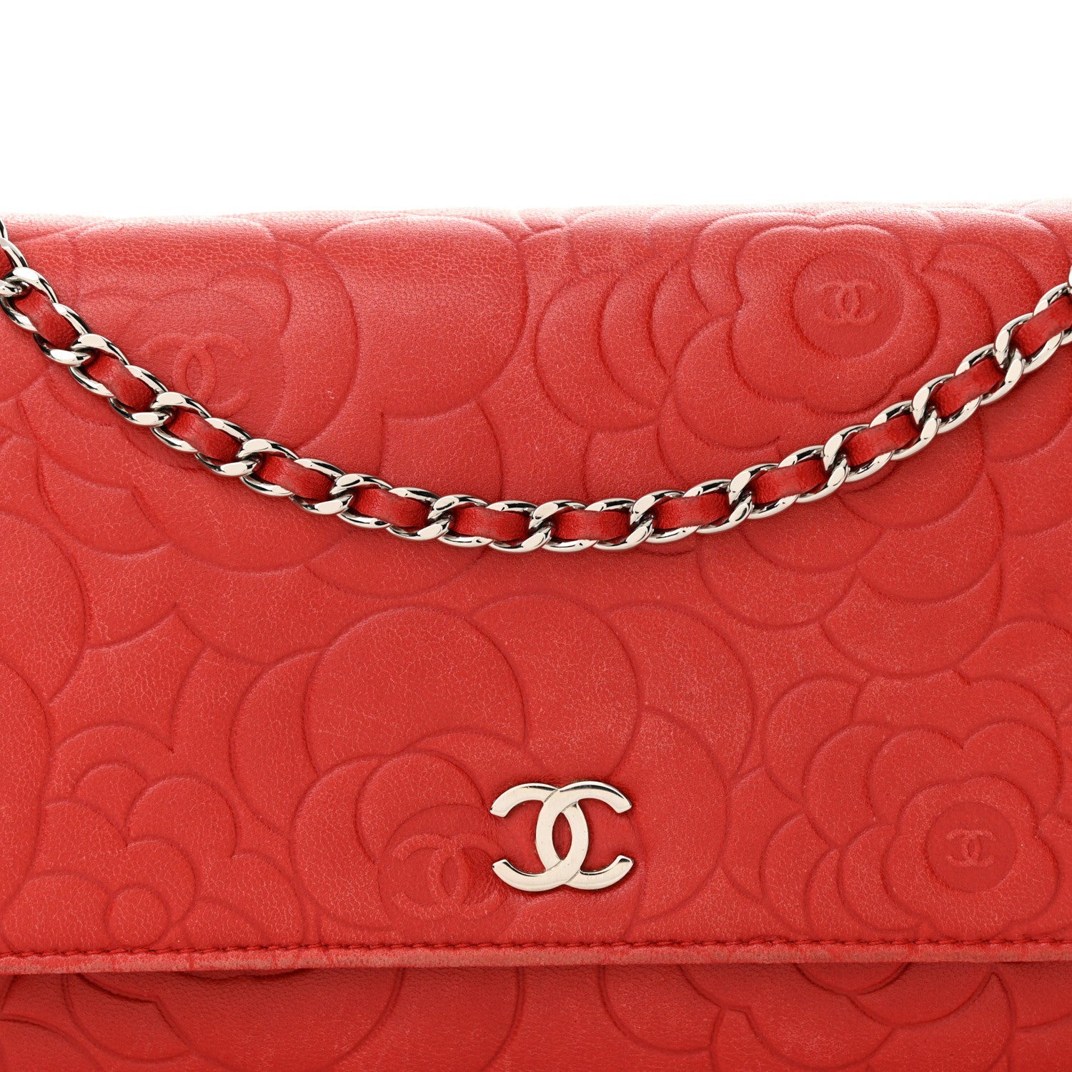 Chanel Lambskin Camellia Embossed Wallet on Chain WOC Red 9 of 20