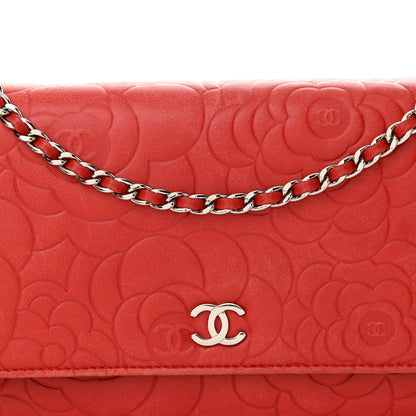 Chanel Lambskin Camellia Embossed Wallet on Chain WOC Red 9 of 20