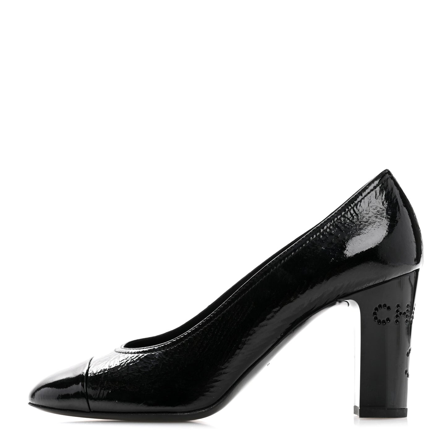 Patent Calfskin Crystal Cap Toe Logo Pumps 38 Black