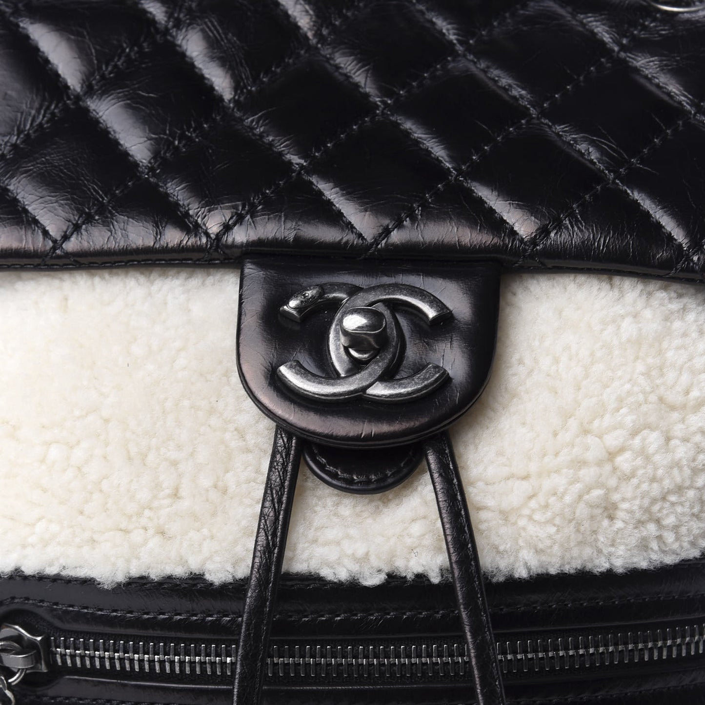 Glazed Calfskin Shearling Quilted Small Mountain Backpack Black Ivory