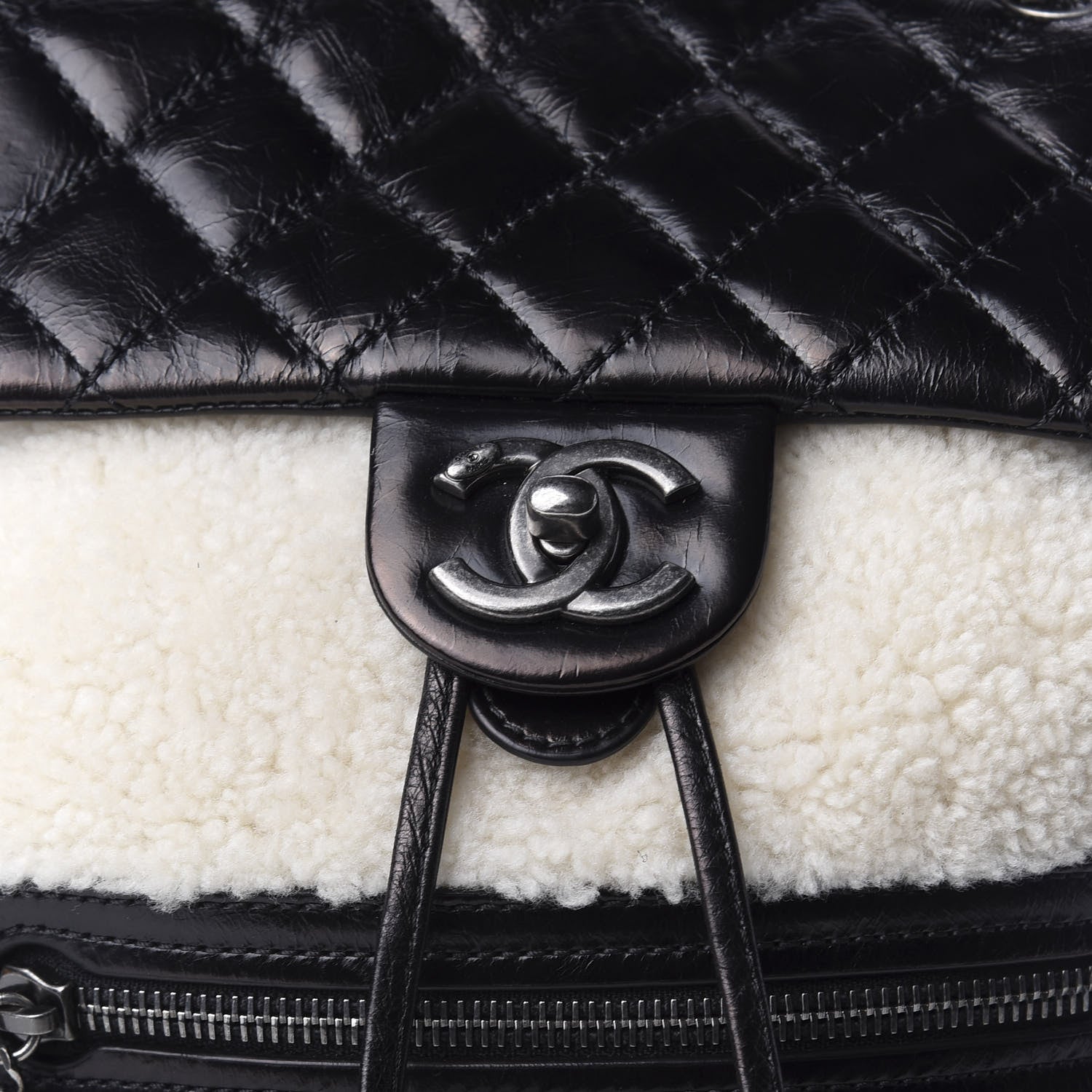 Chanel Glazed Calfskin Shearling Quilted Small Mountain Backpack Black Ivory 9 of 9