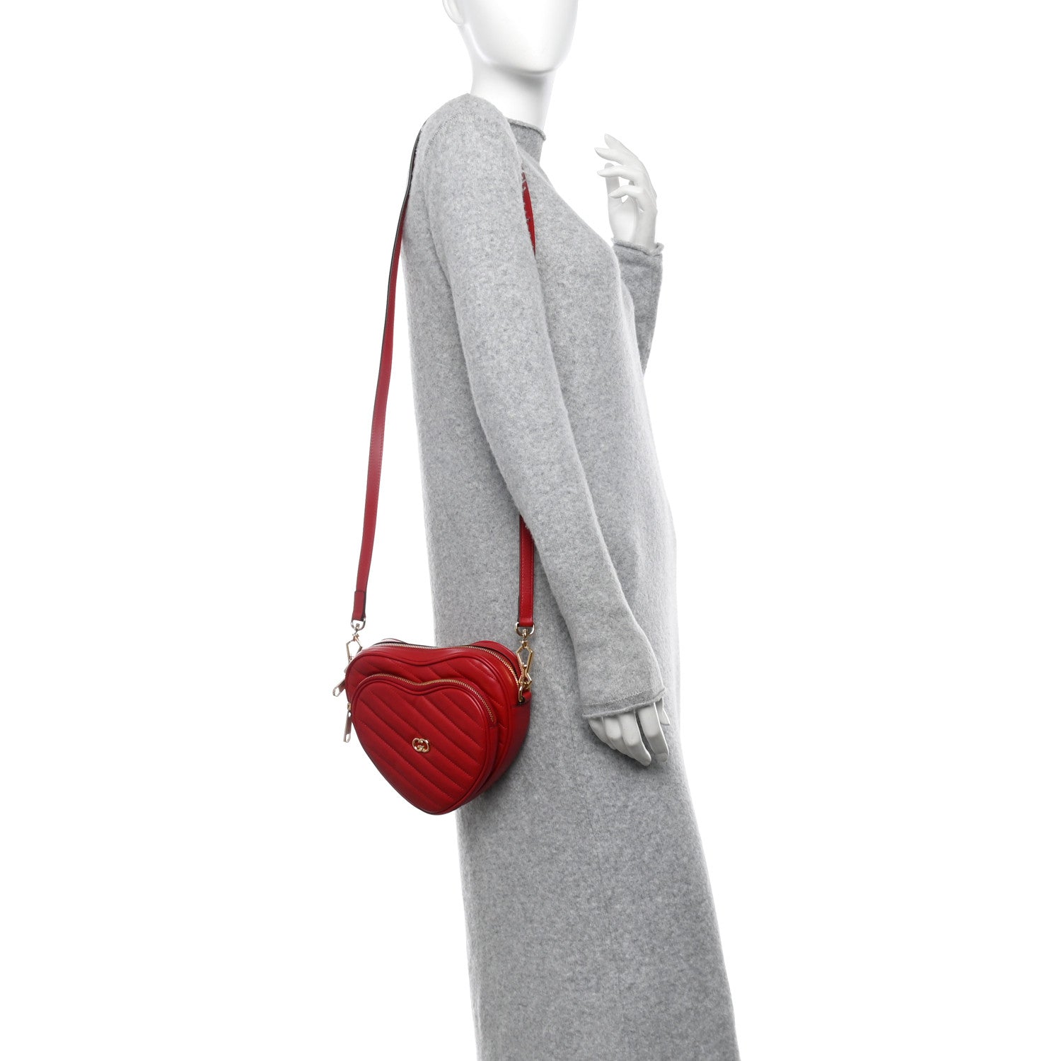 Gucci Calfskin Matelasse Diagonal Mini Interlocking G Heart Shoulder Bag Hibiscus Red 2 of 10