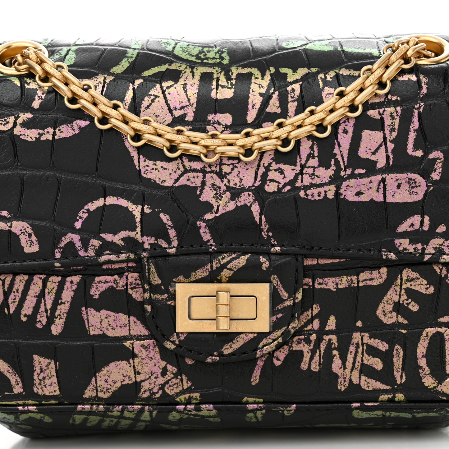 Calfskin Crocodile Embossed Graffiti 2.55 Mini Cocodile Reissue Flap Black Pink