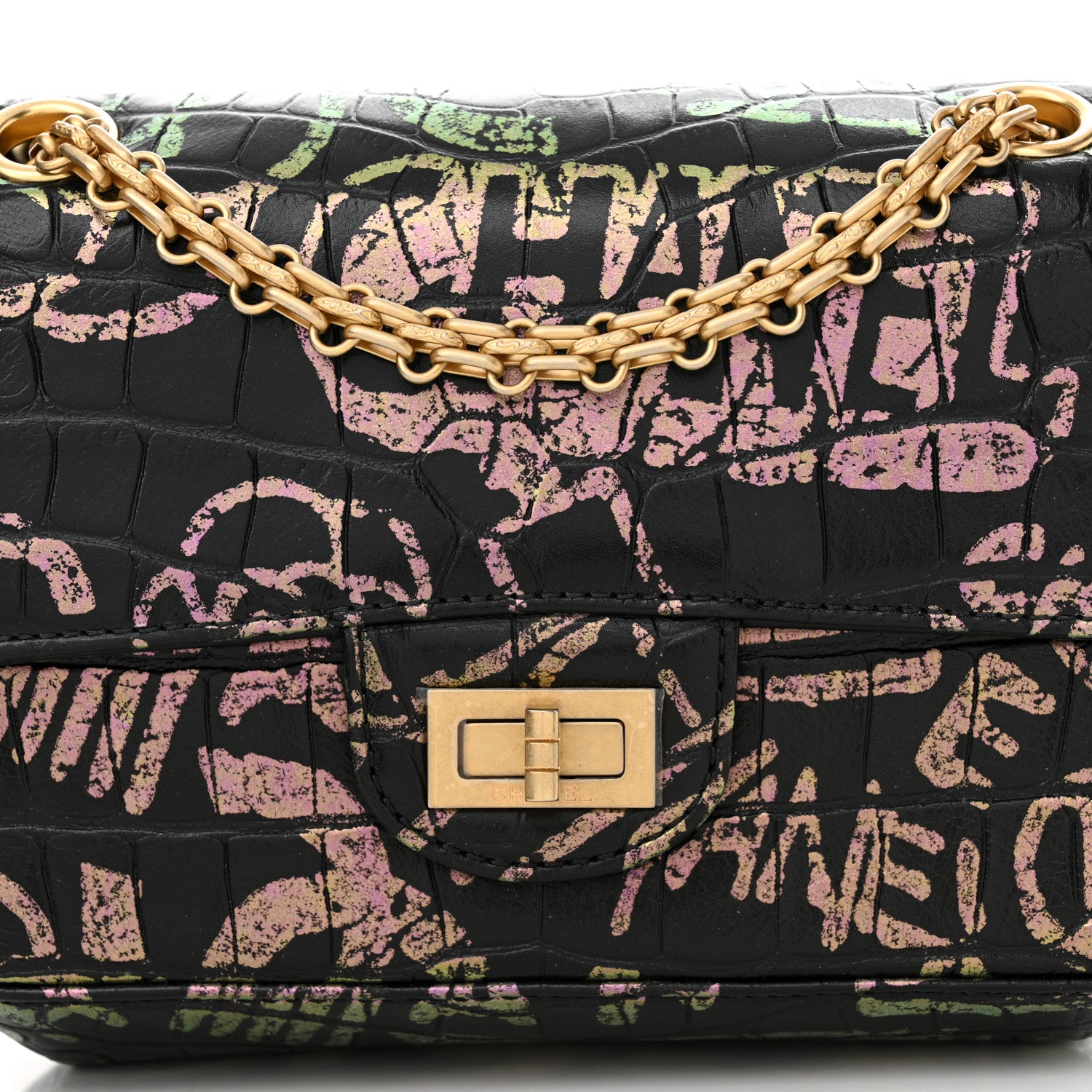 Chanel Calfskin Crocodile Embossed Graffiti 2.55 Mini Cocodile Reissue Flap Black Pink 8 of 11