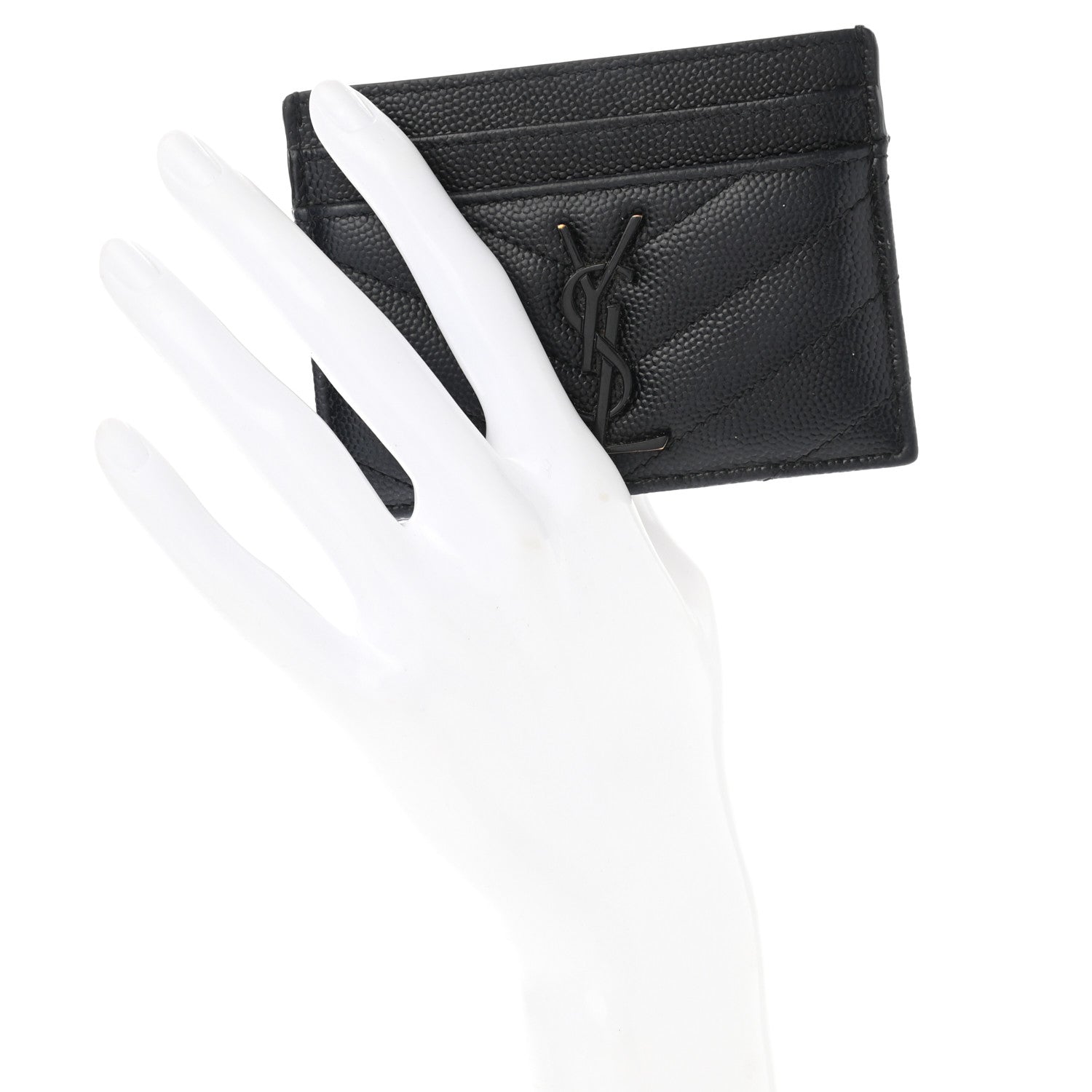 Saint Laurent Grain De Poudre Matelasse Chevron Monogram Credit Card Case Black 2 of 9