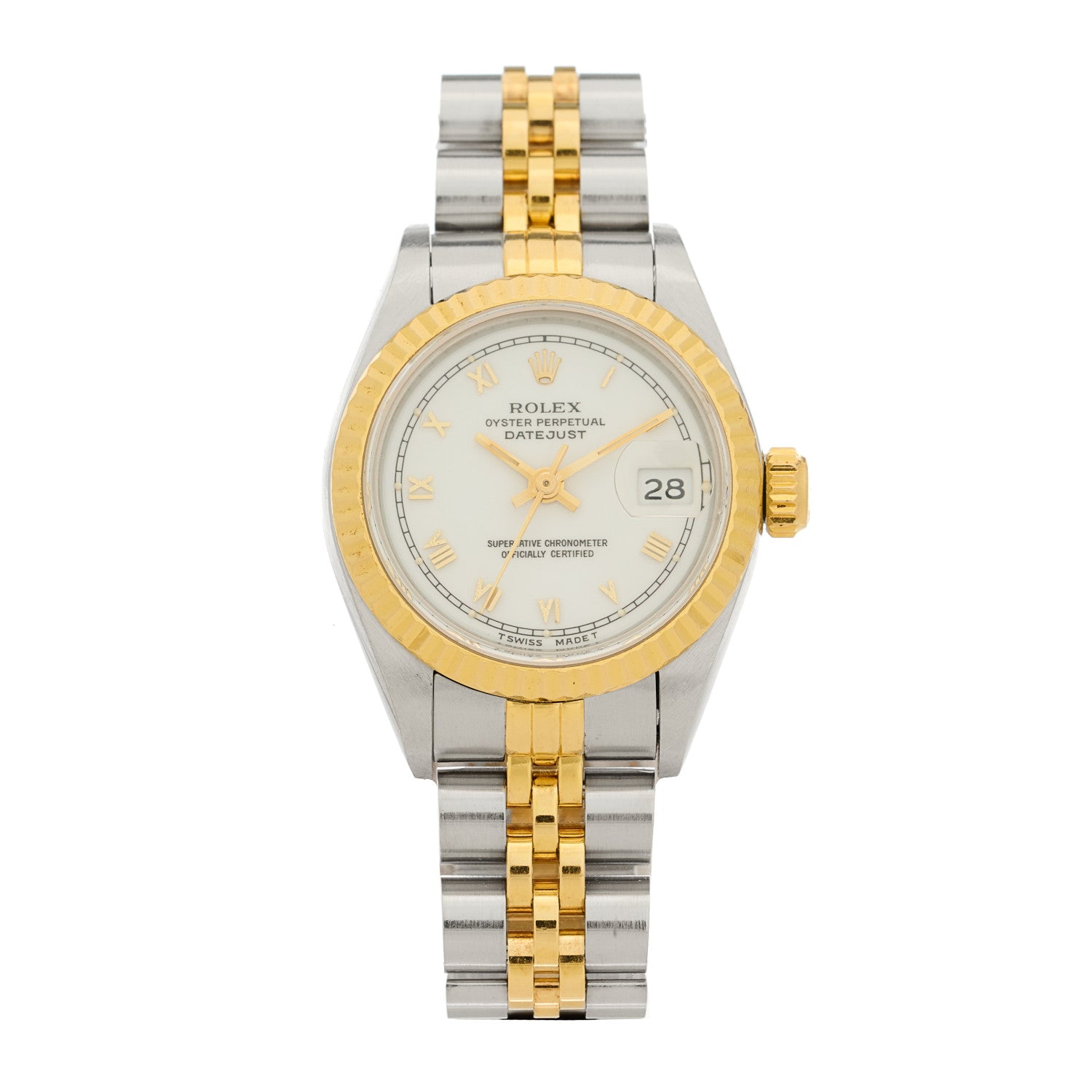 Rolex Stainless Steel 18K Yellow Gold 26mm Oyster Perpetual Datejust Watch White Roman 69173 1 of 4