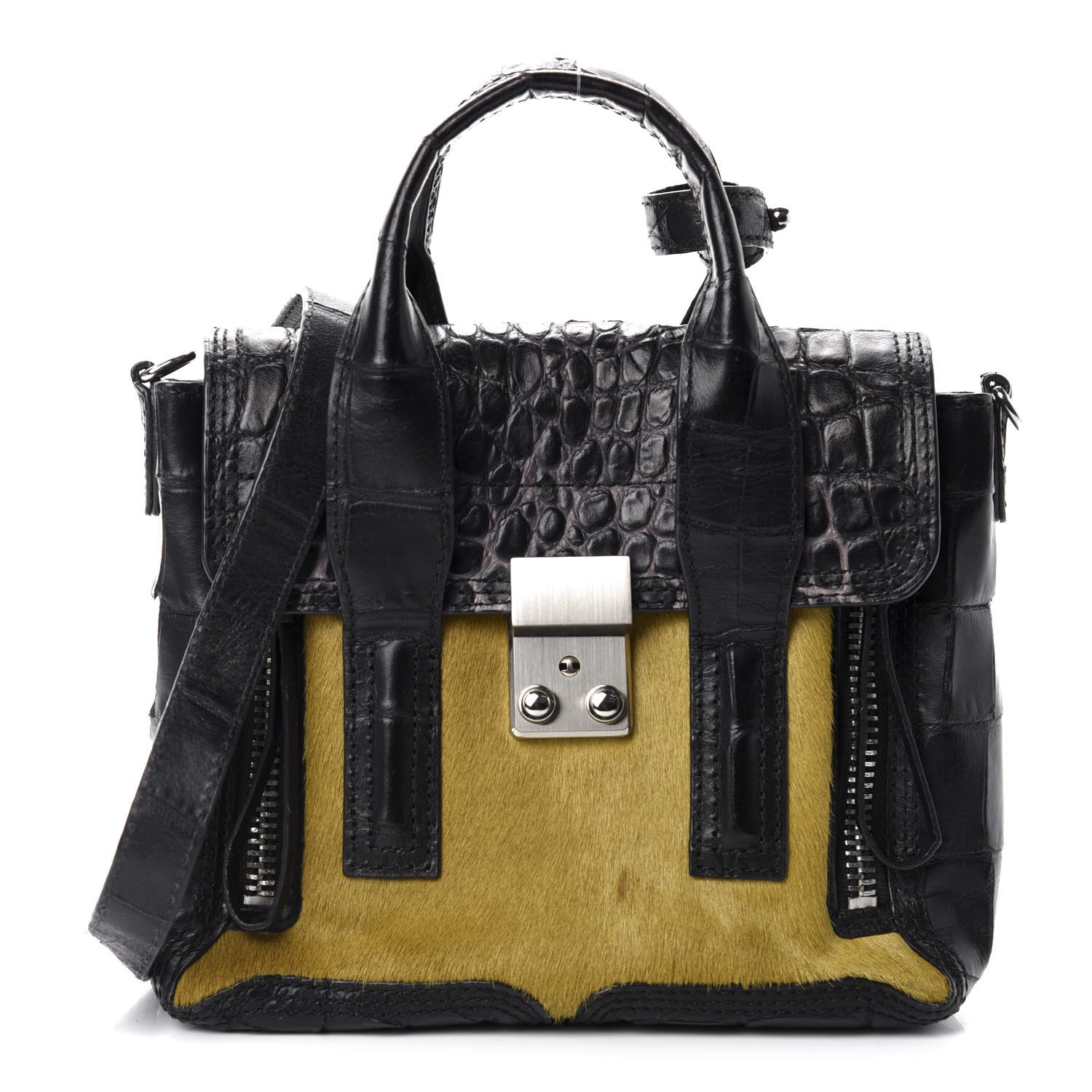 3.1 Phillip Lim 3.1 Calf Hair Calfskin Crocodile Embossed Mini Pashli Satchel Antique Grey Olive 1 of 10