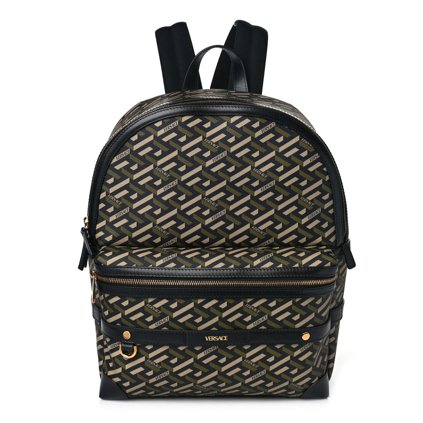 Coated Canvas Calfskin La Greca Signature Backpack Black Khaki
