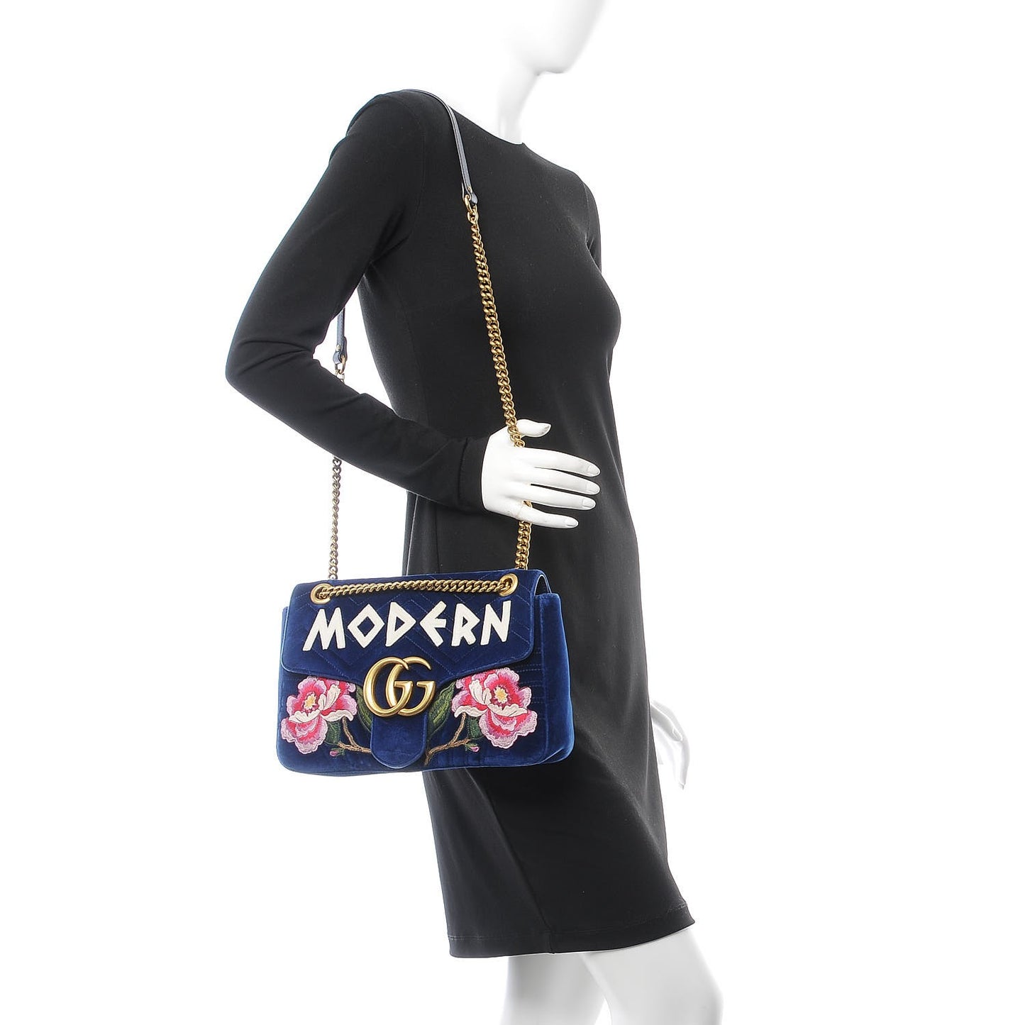 Velvet Matelasse Modern Embroidered Medium GG Marmont Shoulder Bag Cobalt