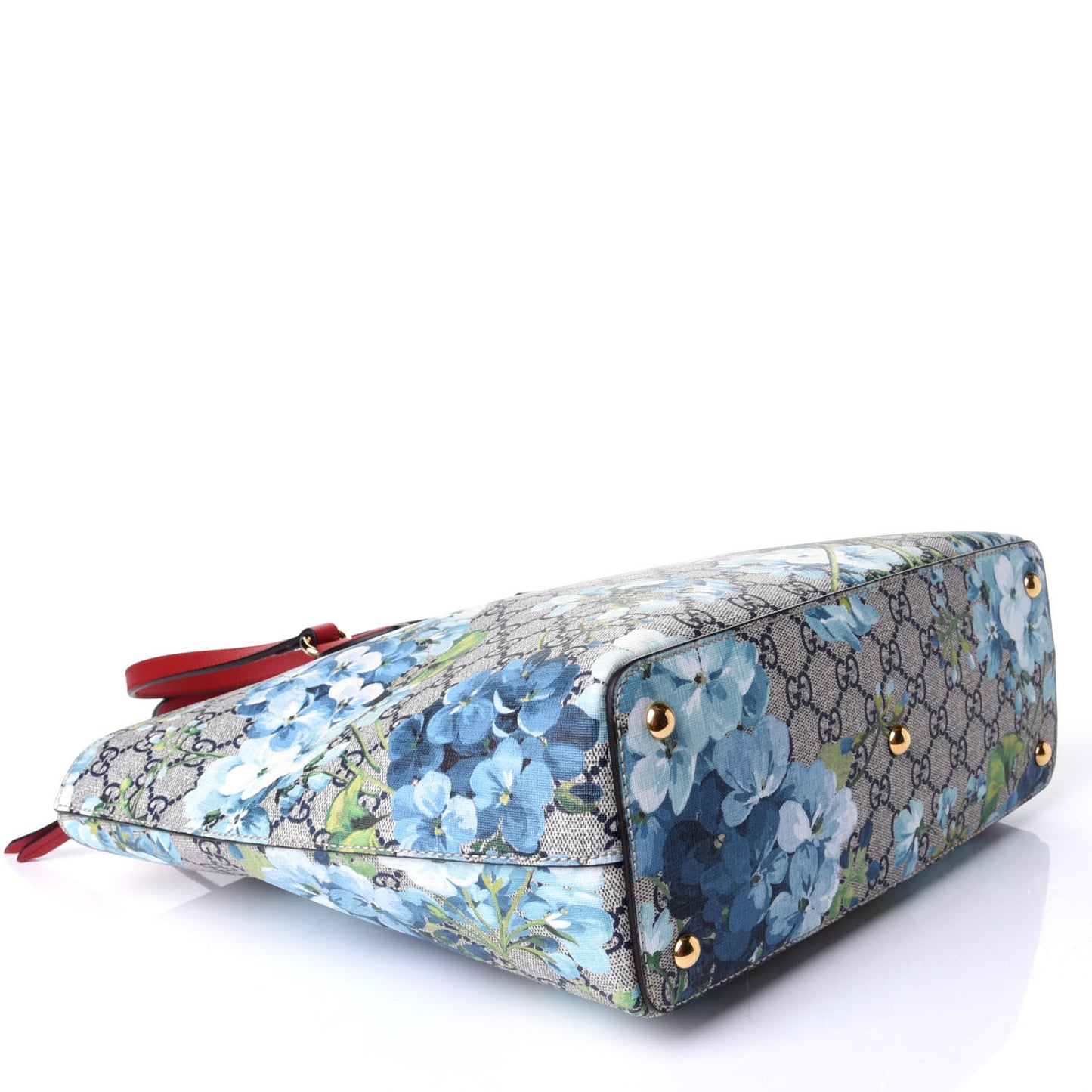 GG Supreme Monogram Blooms Medium Zippered Bucket Tote Beige Blue Navy Hibiscus Red