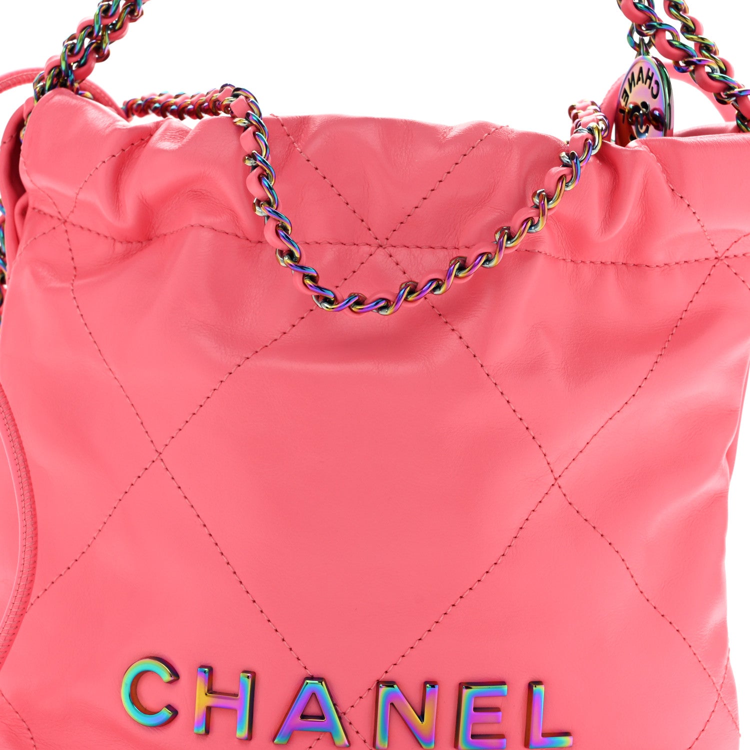 Chanel Shiny Calfskin Quilted Rainbow Metal Mini Chanel 22 Coral Pink 9 of 13