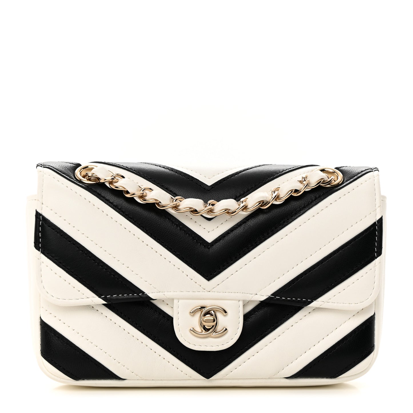 Lambskin Chevron Stitched Flap White Black