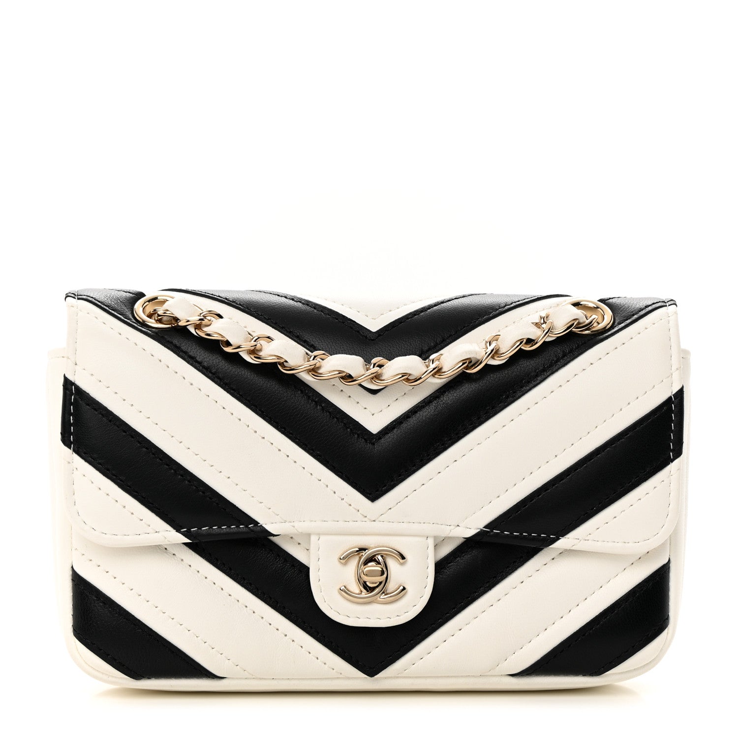 Chanel Lambskin Chevron Stitched Flap White Black 1 of 12