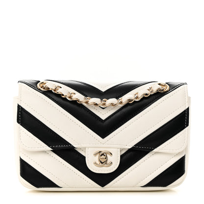 Chanel Lambskin Chevron Stitched Flap White Black 1 of 12