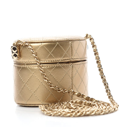 Chanel Metallic Lambskin Quilted Round Mini Vanity Case With Chain Gold 3 of 11
