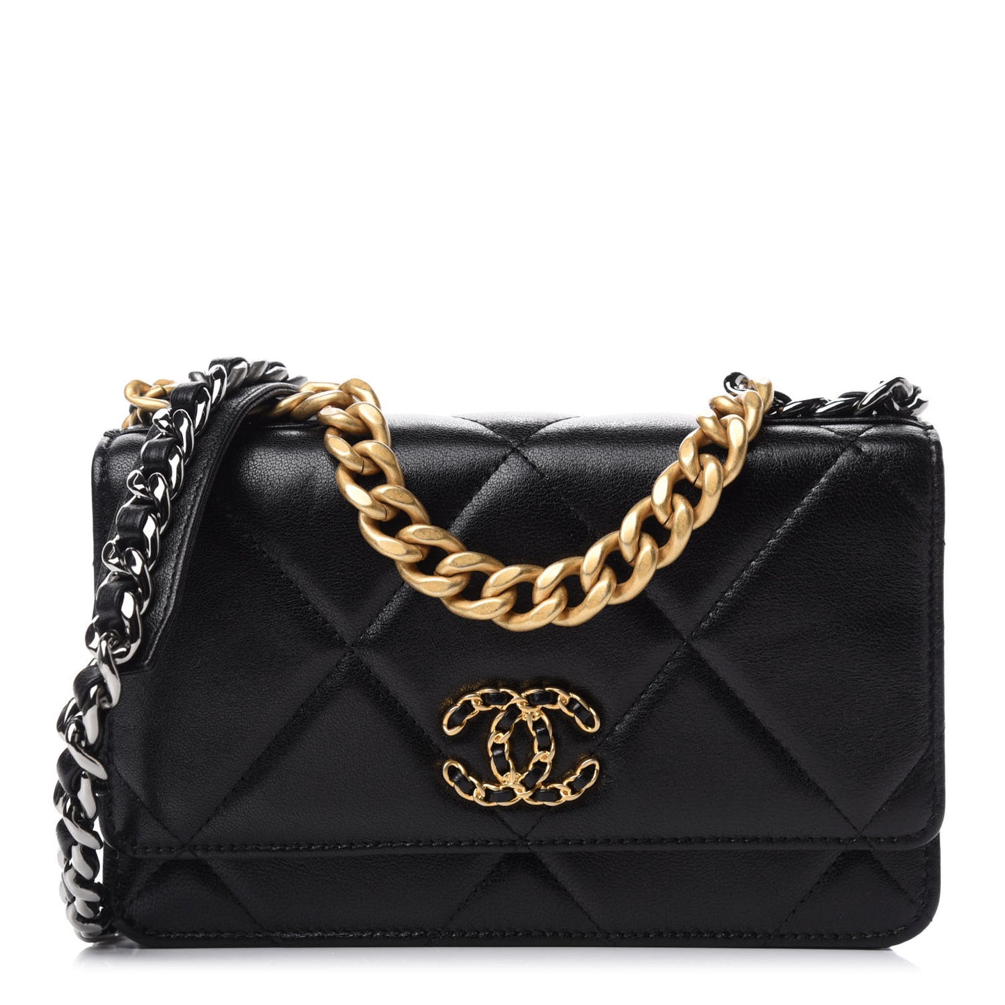 Shiny Goatskin Quilted Chanel 19 Wallet On Chain WOC Black