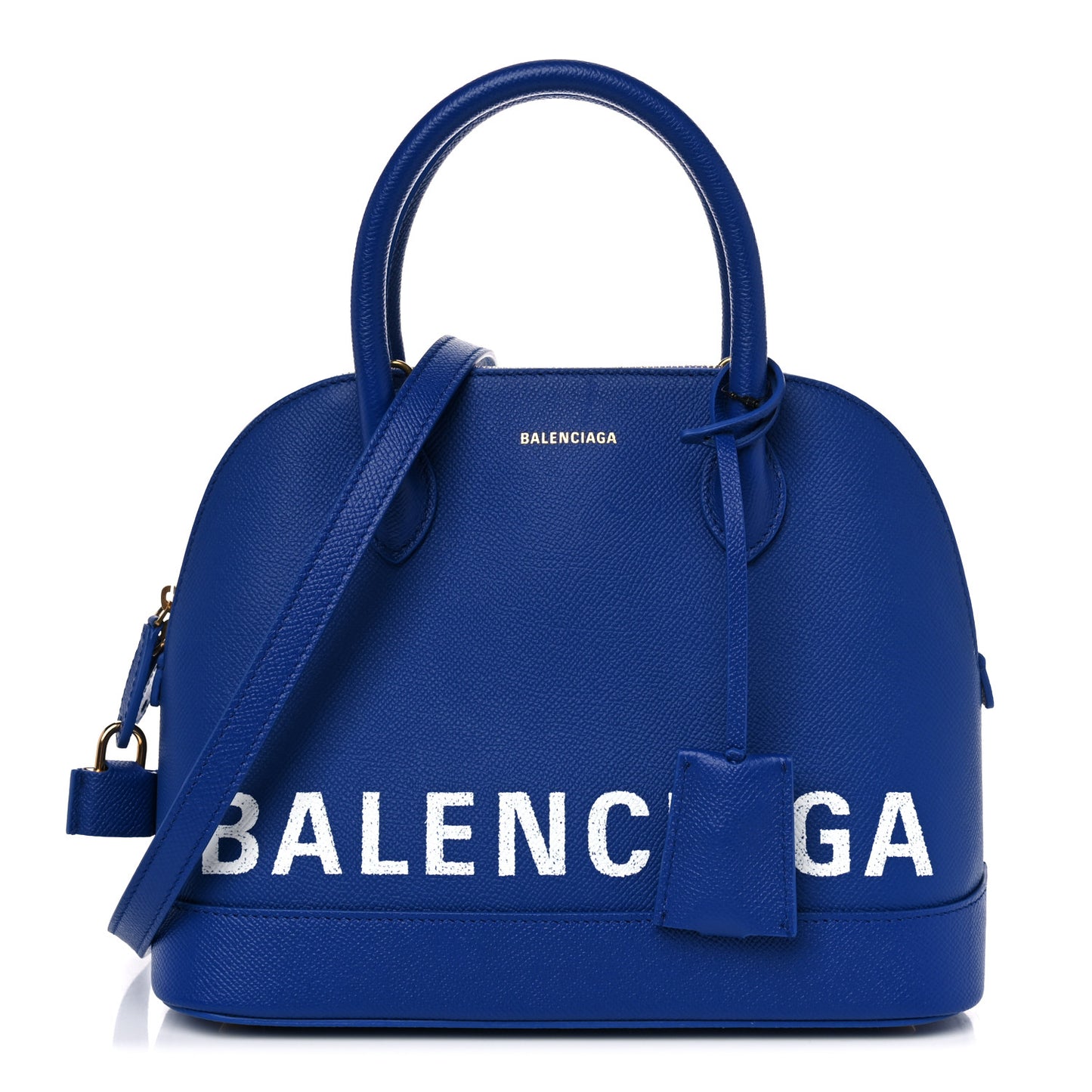 Signature Grained Calfskin Logo S Ville Top Handle Bag Bleu Roi White