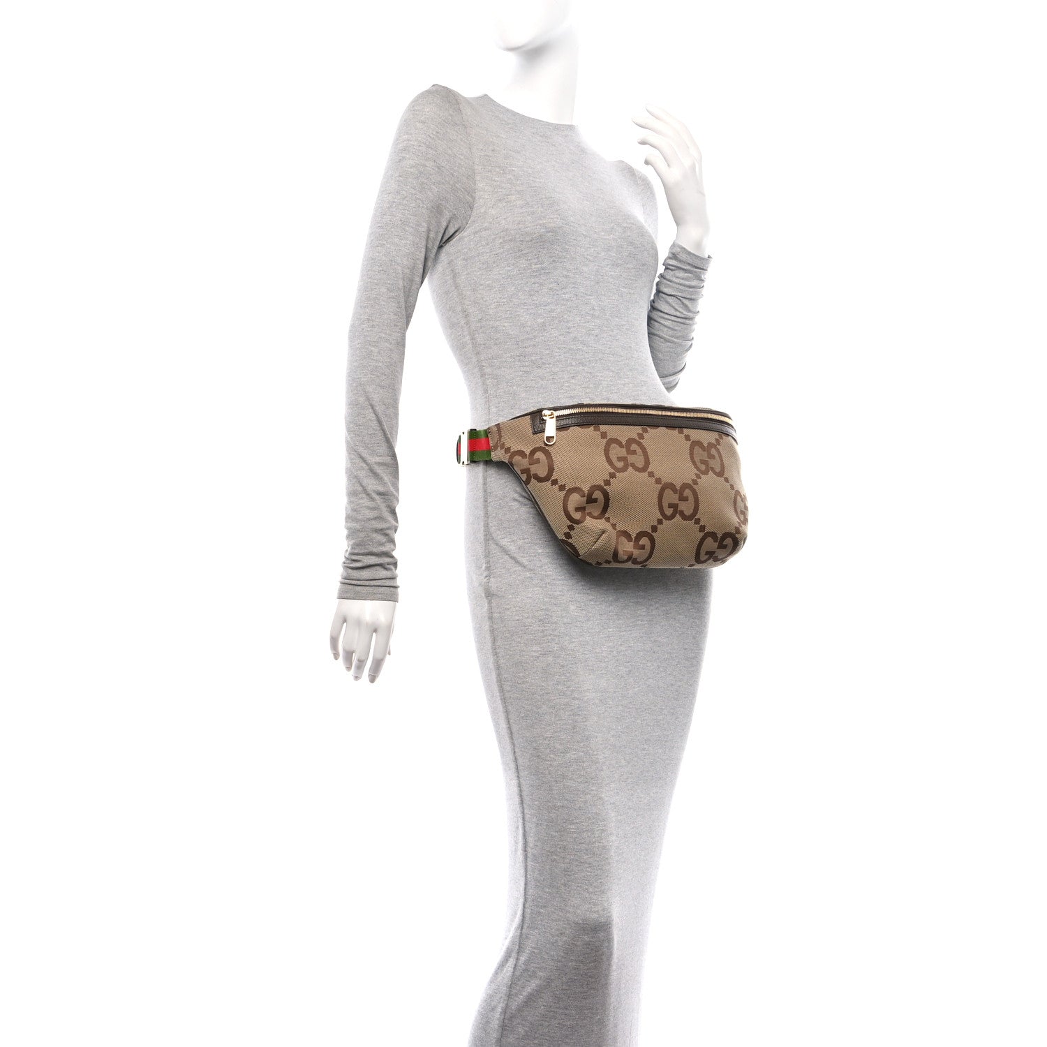 Gucci Monogram Jumbo GG Textured Dollar Calfskin Web Belt Bag Camel Ebony New Acero 2 of 10