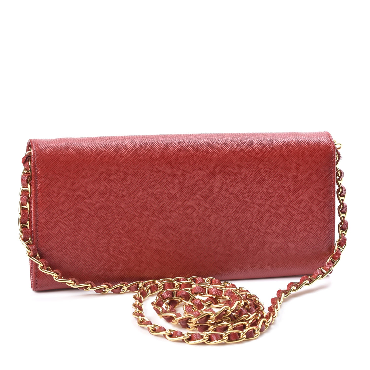Prada Saffiano Metal Oro Chain Wallet Fuoco 2 of 9