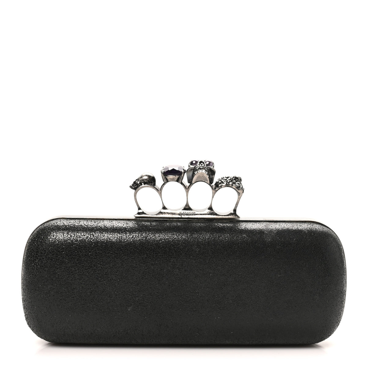 Metallic Lambskin Skull Knuckle Box Clutch Black