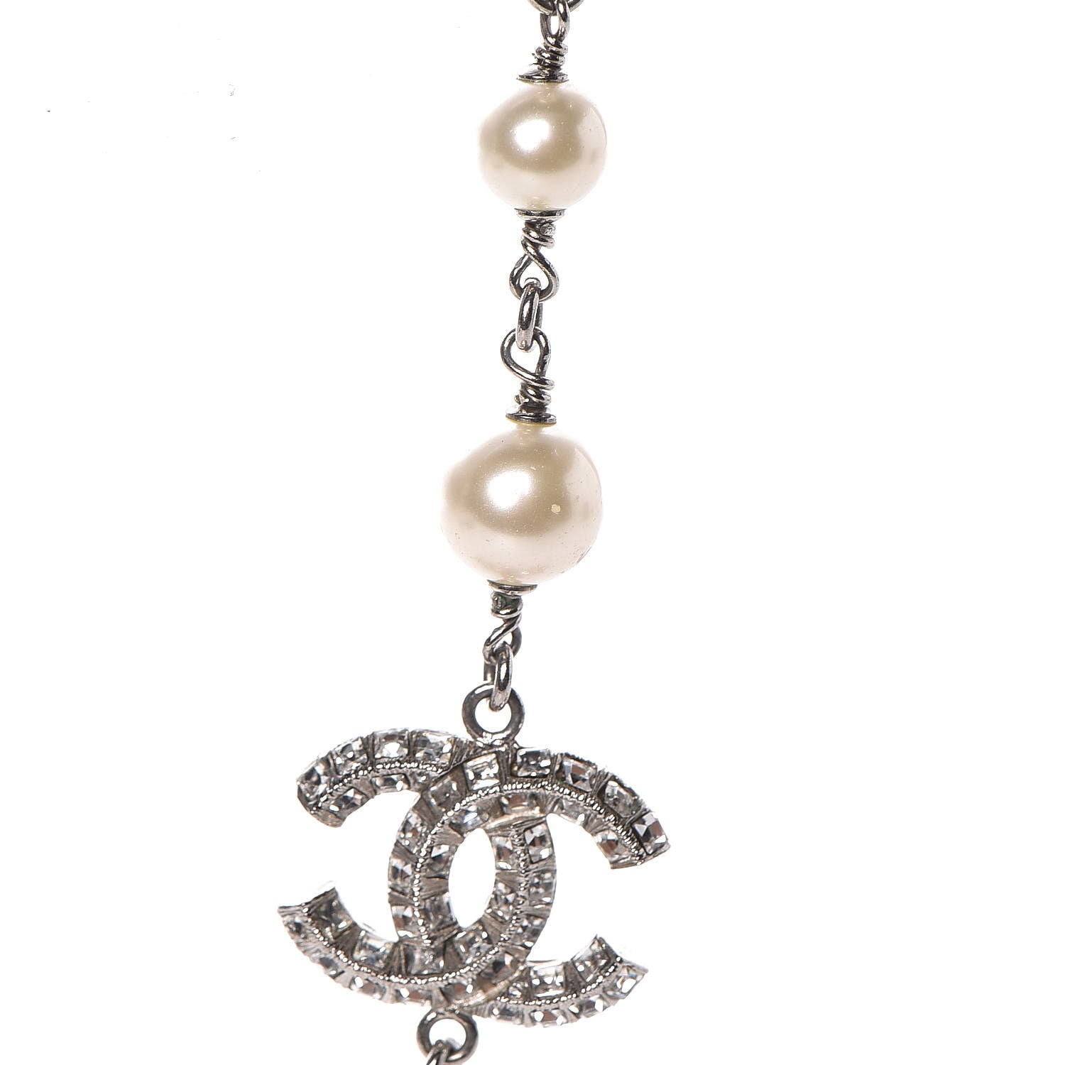 Chanel Crystal Pearl CC Long Necklace Silver 5 of 7