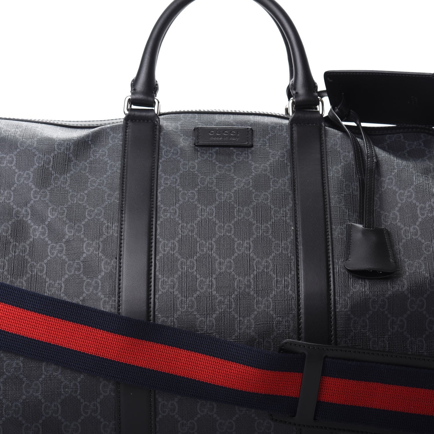 Gucci Soft GG Supreme Monogram Appia Calfskin Web Large Carry On Duffle Bag Black Grey 7 of 9