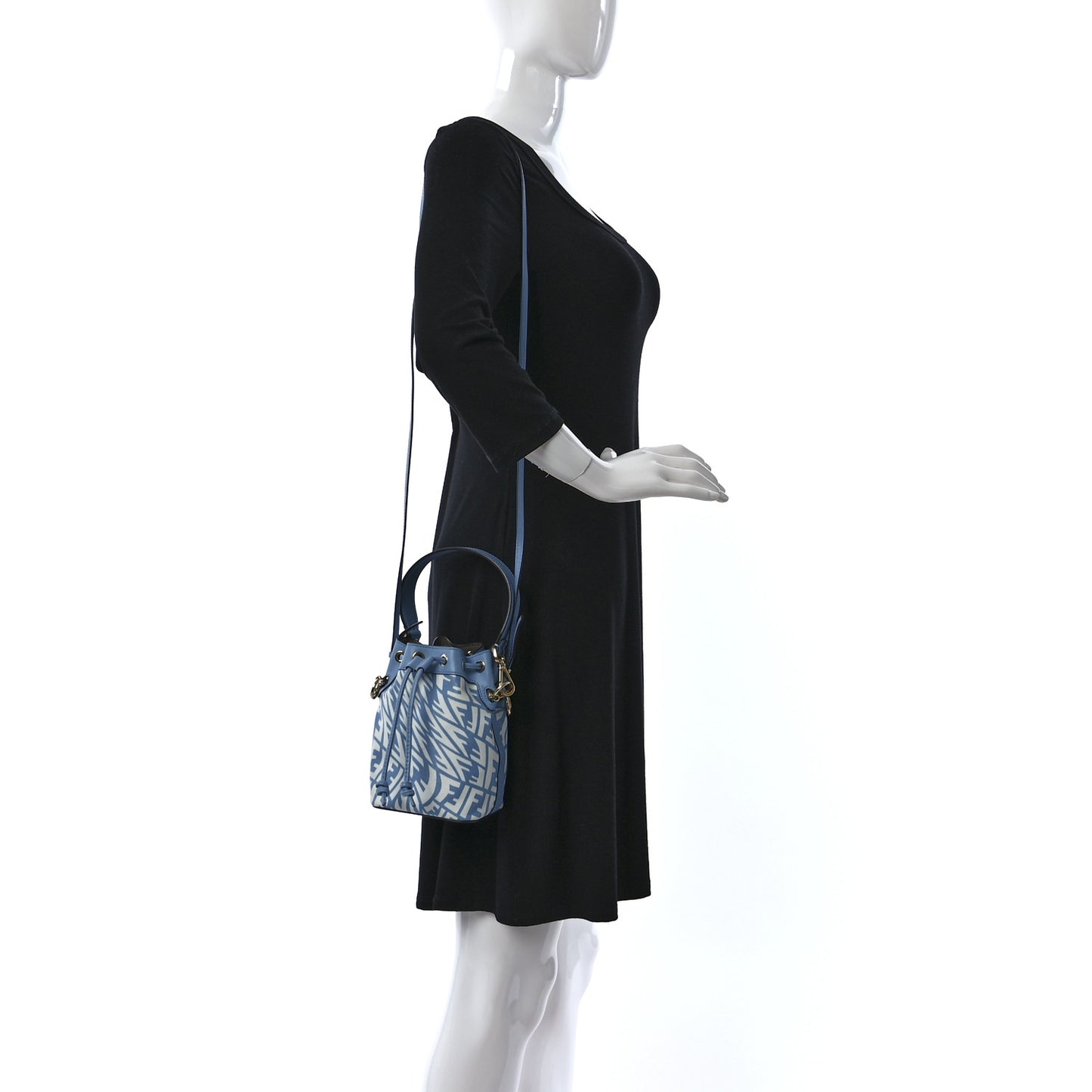 X SARAH COLEMAN Glazed Canvas Vitello King F is Fendi FF Vertigo Mini Mon Tresor Bucket Bag Cyber Blue White