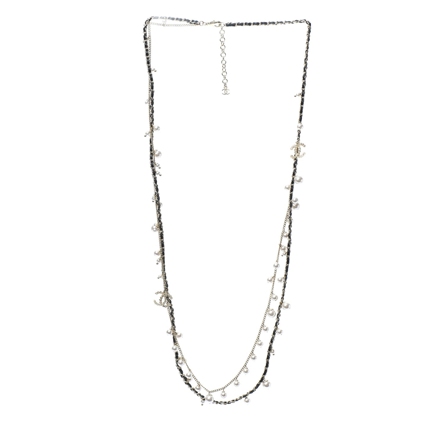 Lambskin CC Pearl Chain Necklace Black Gold