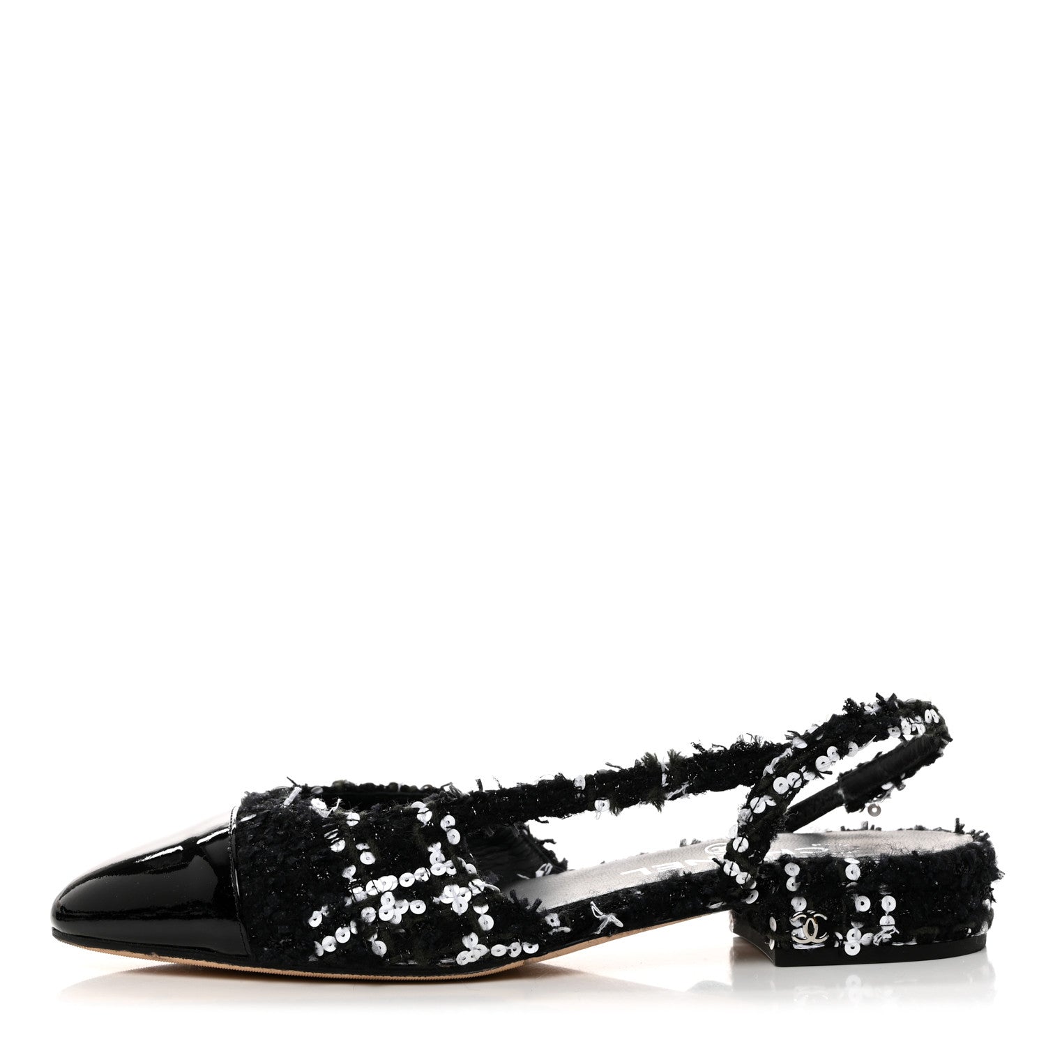 Chanel Tweed Sequin Patent Cap Toe CC Slingback Flats 37 Black 1 of 9