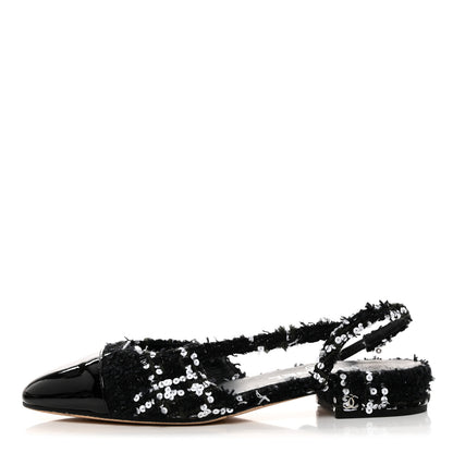 Chanel Tweed Sequin Patent Cap Toe CC Slingback Flats 37 Black 1 of 9