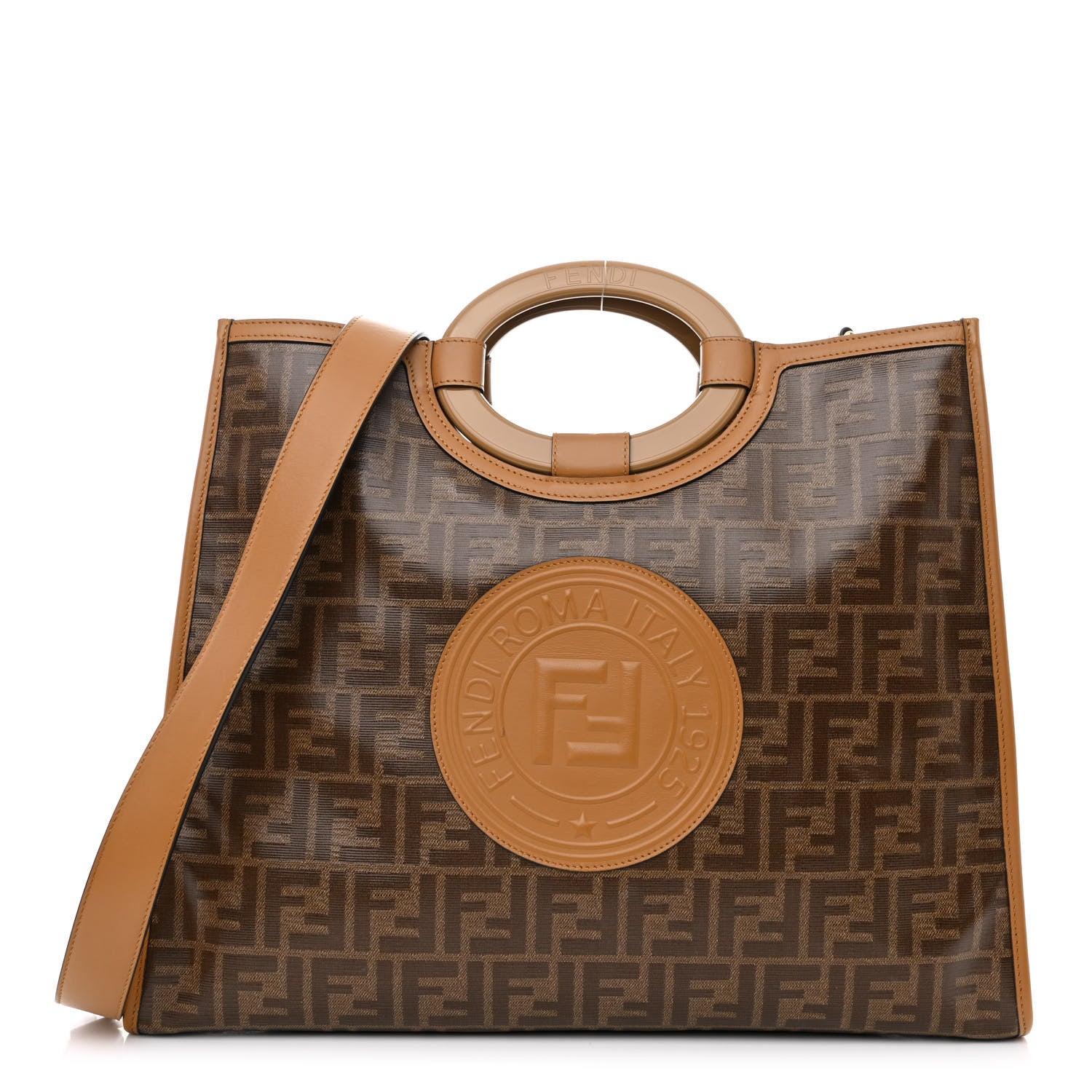 Fendi Glazed Fabric Vitello Century Plexiglass FF 1974 Stamp Patch Medium Runaway Shopper Tote Mogano Panna Nocciola 1 of 10