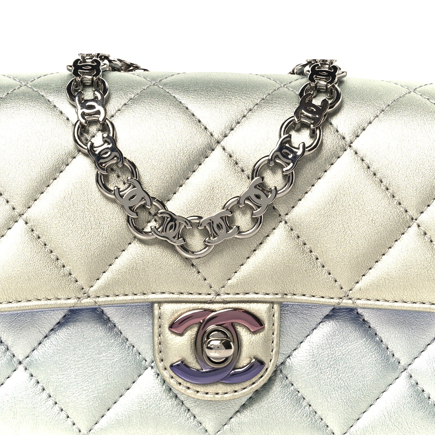 Chanel Gradient Metallic Calfskin Quilted Clutch Silver Blue Yellow Purple 9 of 11