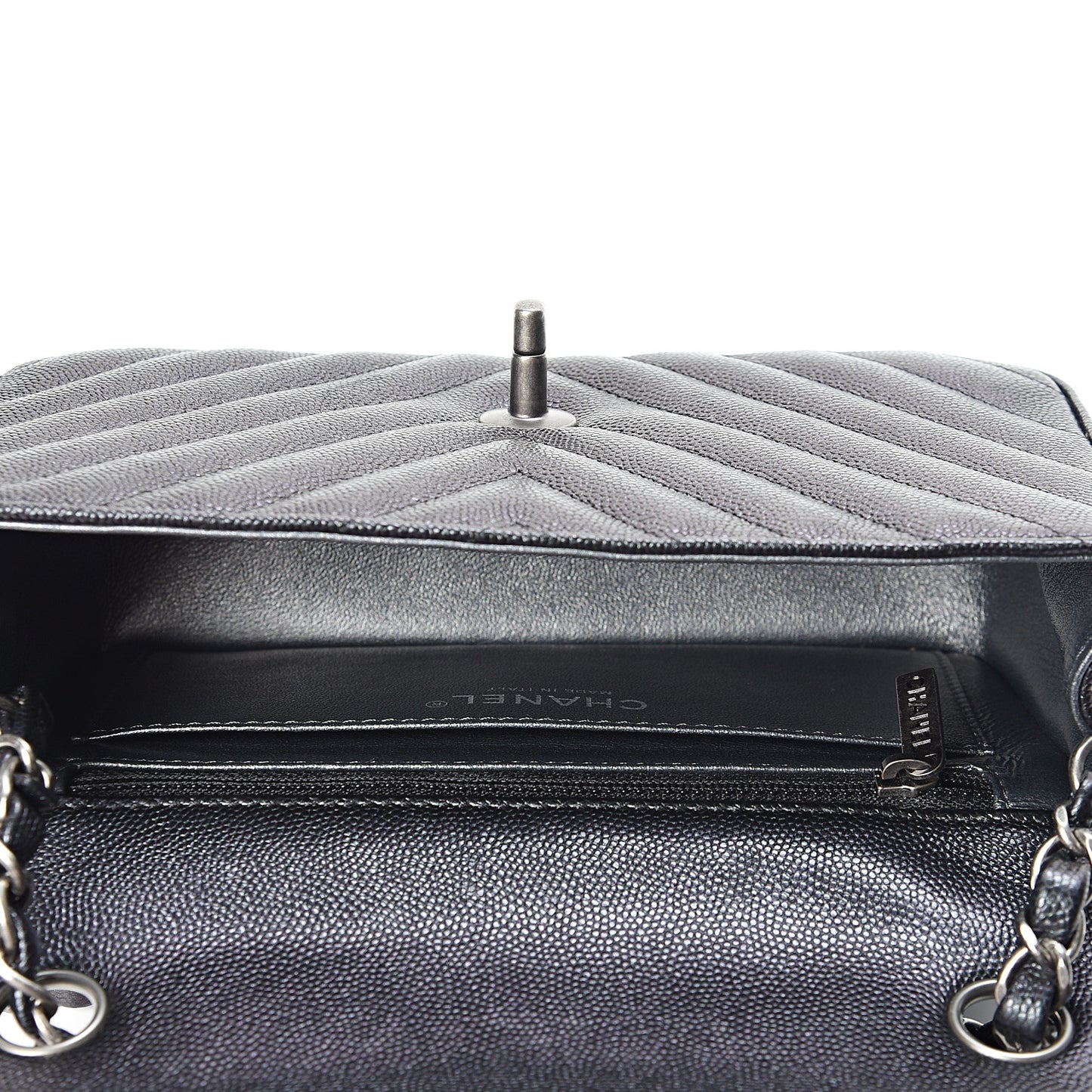 Iridescent Caviar Chevron Quilted Mini Rectangular Flap Black