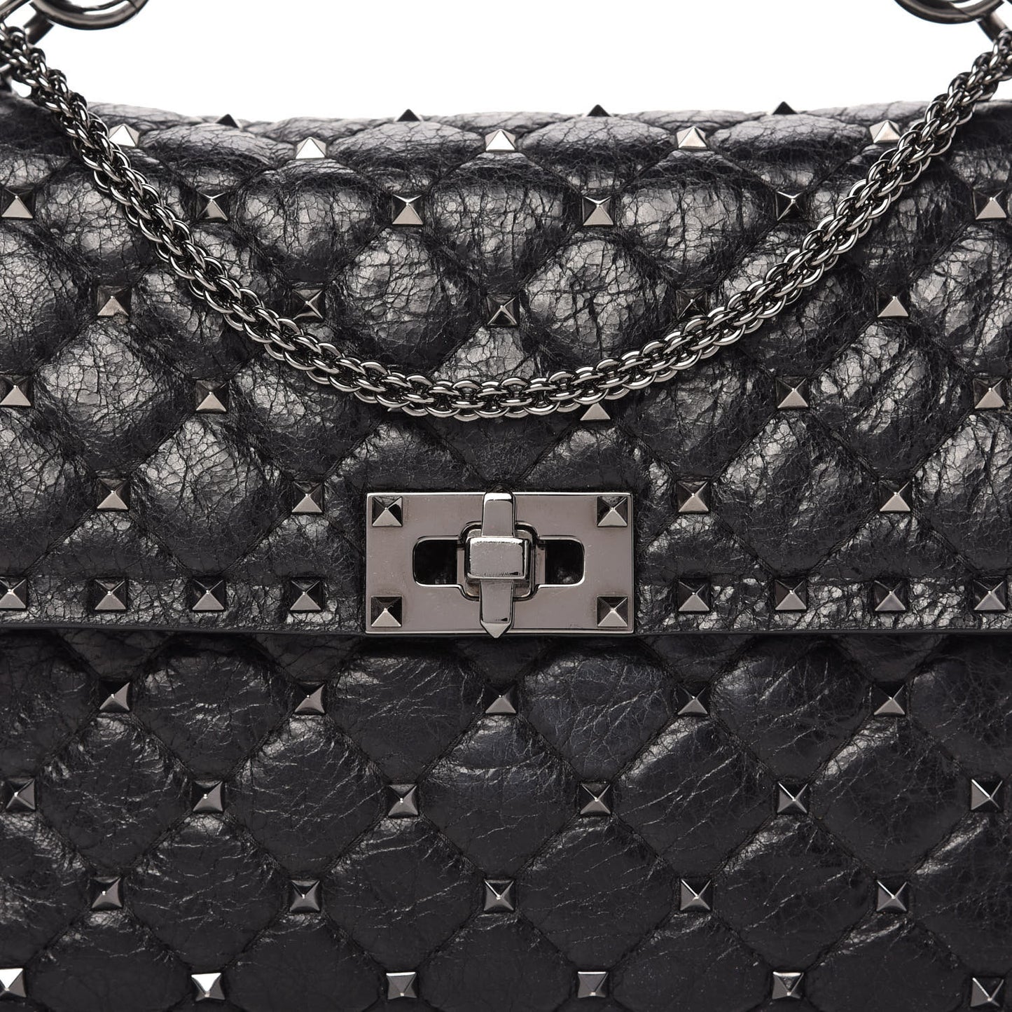 Craquele Nappa Medium Rockstud Spike Shoulder Bag Black