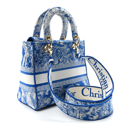Christian Dior Canvas Toile De Jouy Reverse Embroidered Medium Lady D-Lite Fluorescent Blue 3 of 9