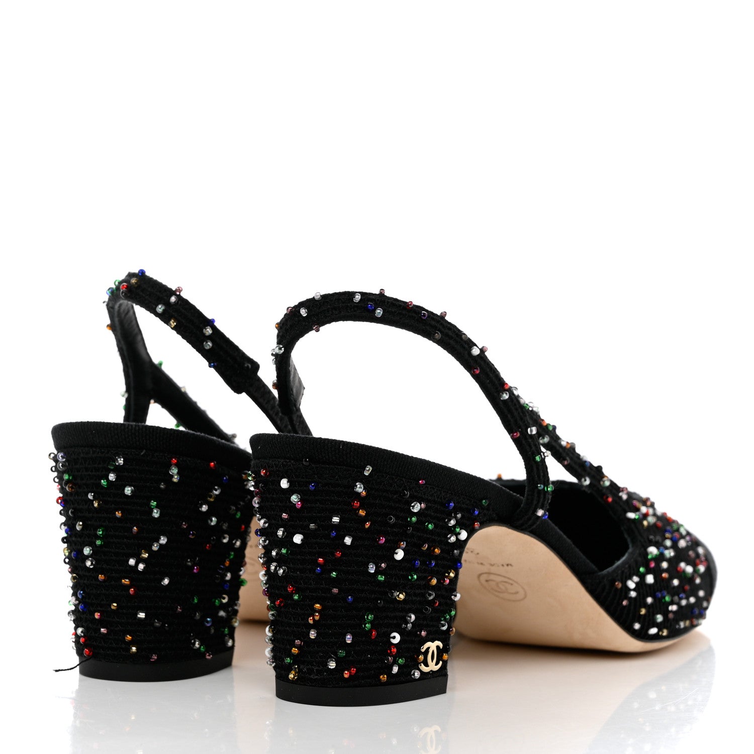Chanel Tweed Beaded Cap Toe CC Slingback Pumps 38 Black 4 of 10