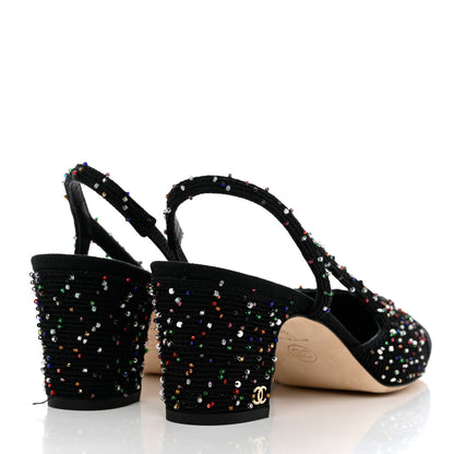 Chanel Tweed Beaded Cap Toe CC Slingback Pumps 38 Black 4 of 10