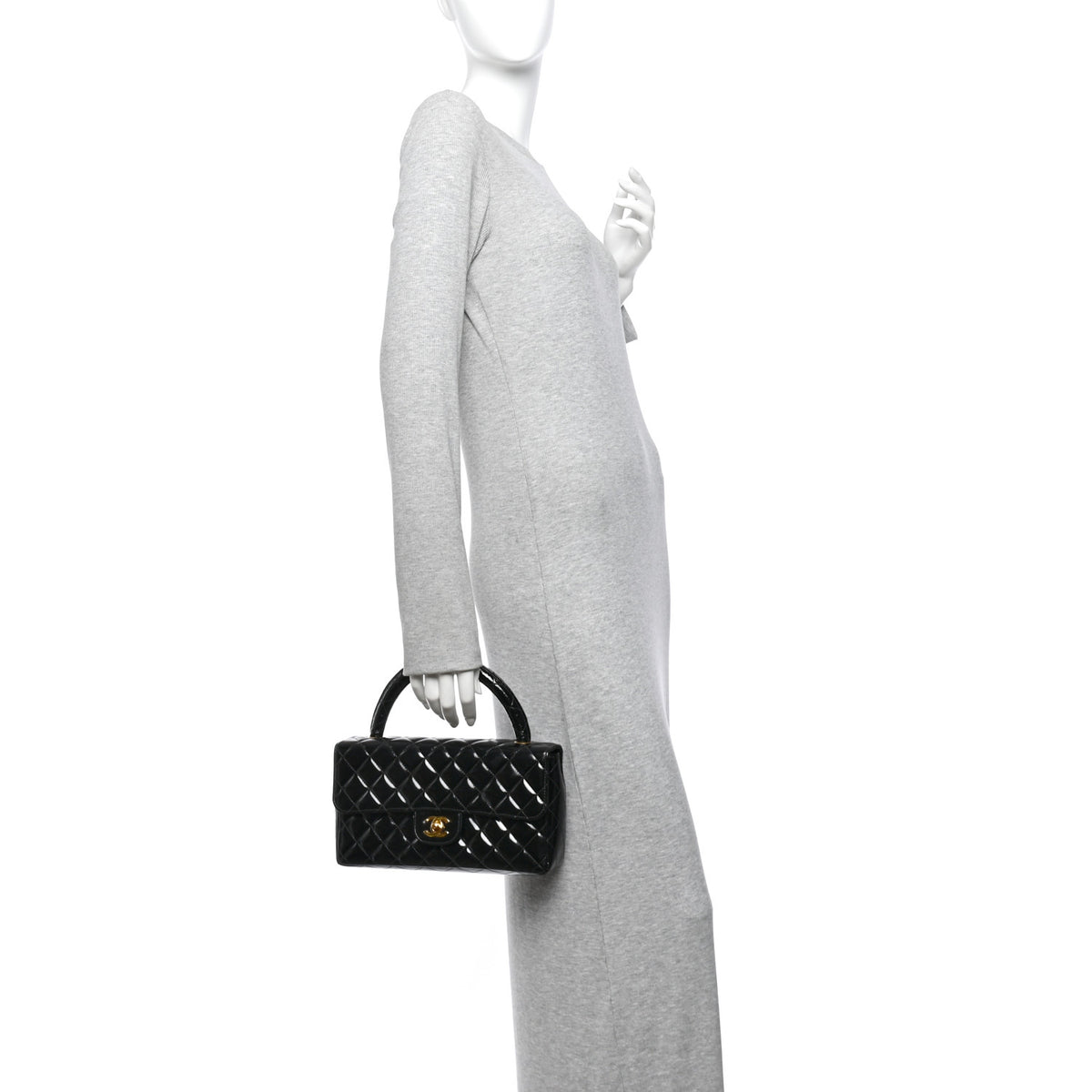 Patent Quilted Medium Rectangular Kelly Flap Bag Black