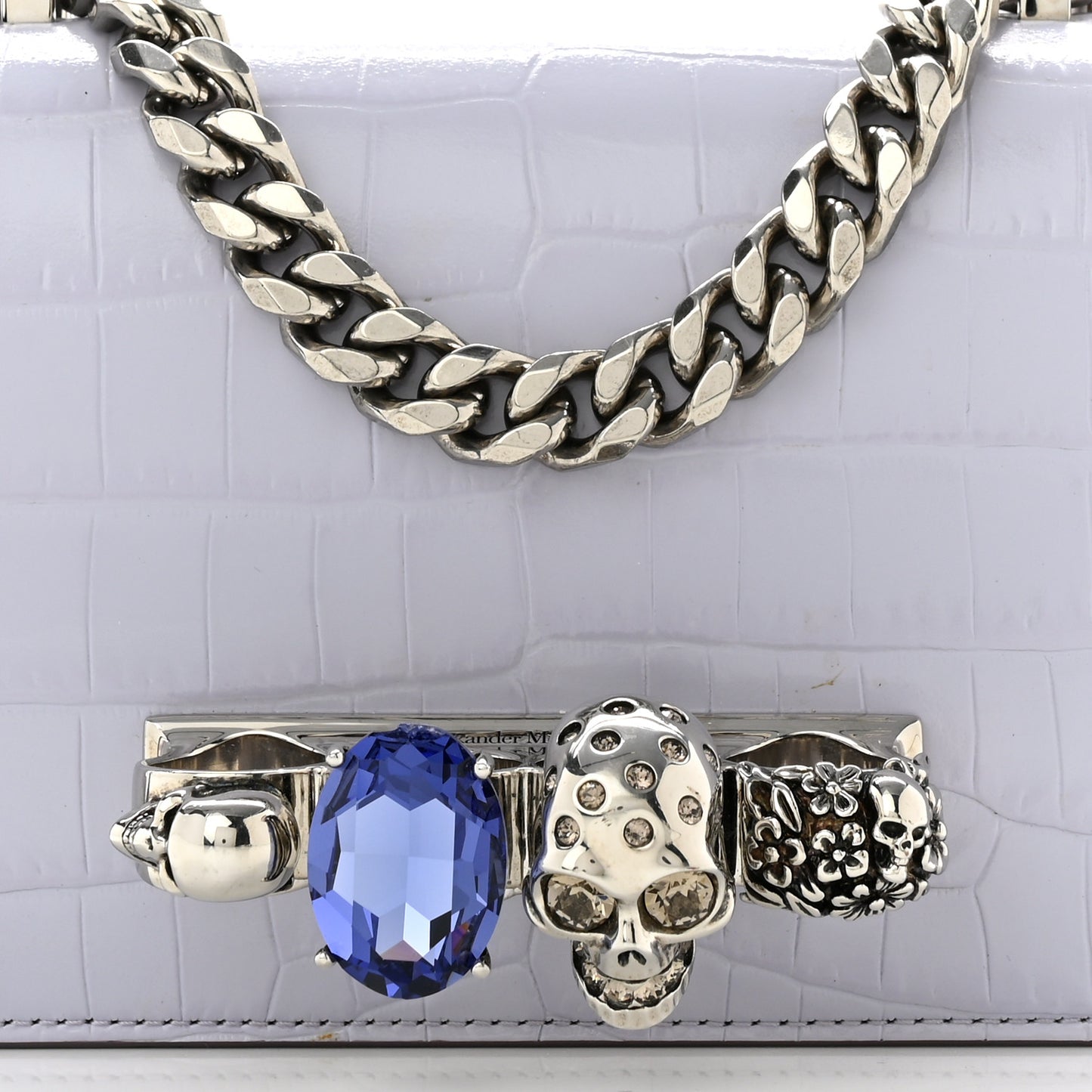 Shiny Crocodile Embossed Jeweled Satchel Lavender