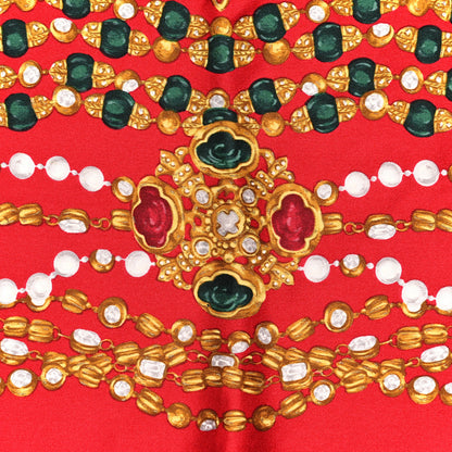 Chanel Silk Pearl Jewel Chain Print Scarf Red 4 of 4