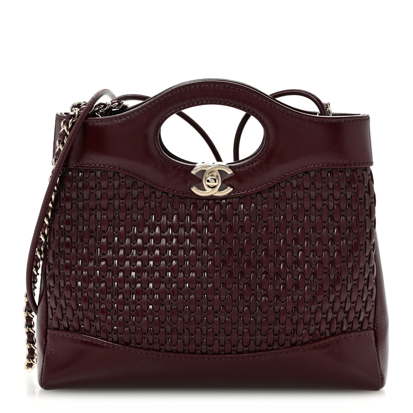 Shiny Lambskin Patent Calfskin Quilted Mini 31 Shopping Bag Dark Burgundy