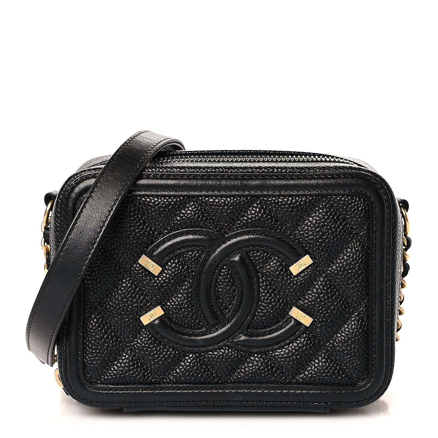 Caviar Quilted CC Filigree Vanity Clutch With Chain Black