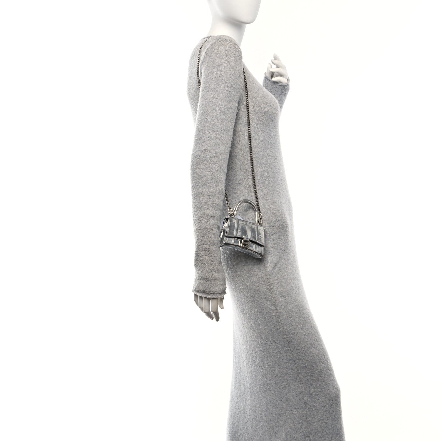 Balenciaga Metallic Calfskin Crocodile Embossed Hourglass Top Handle Bag Mini with Chain Silver 2 of 9