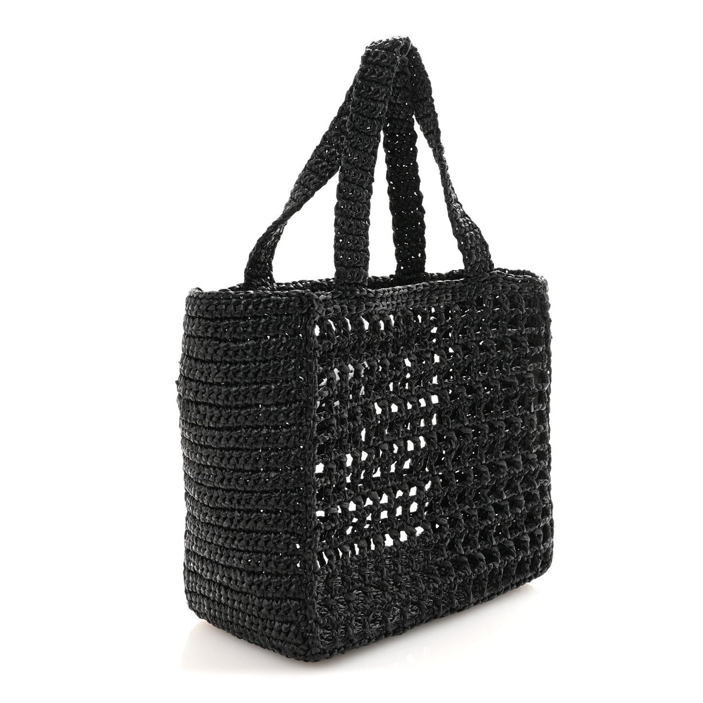 Yarn Raffia Effect Crochet Logo Embroidered Small Tote Bag Black