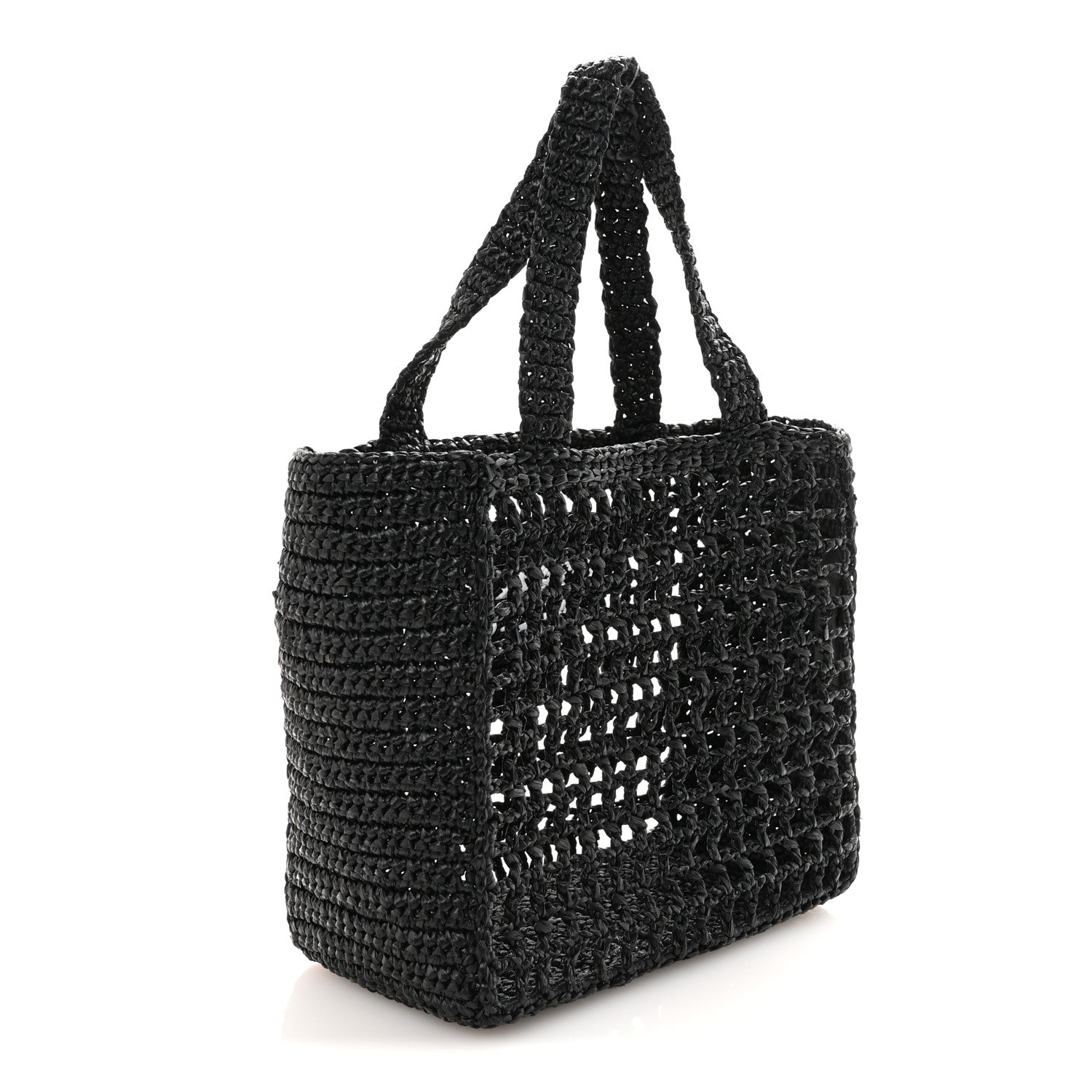 Prada Yarn Raffia Effect Crochet Logo Embroidered Small Tote Bag Black 3 of 8