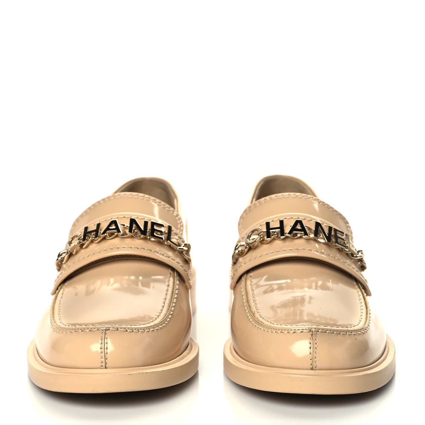 Shiny Calfskin Logo Loafers 37.5 Beige