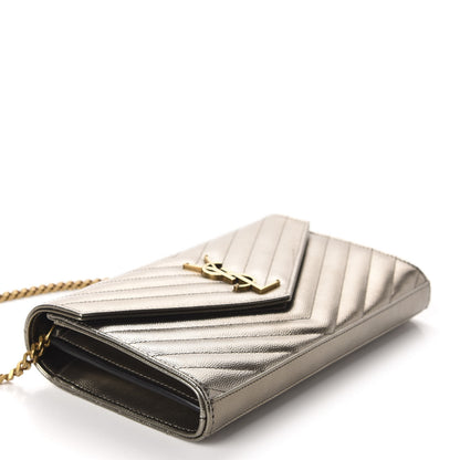 Saint Laurent Metallic Grain De Poudre Matelasse Chevron Monogram Chain Wallet Piombo 4 of 12
