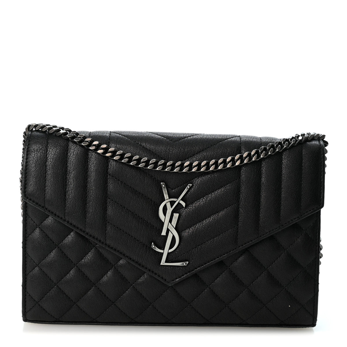 Sheepskin Tri-Quilt Monogram Envelope Chain Wallet Black
