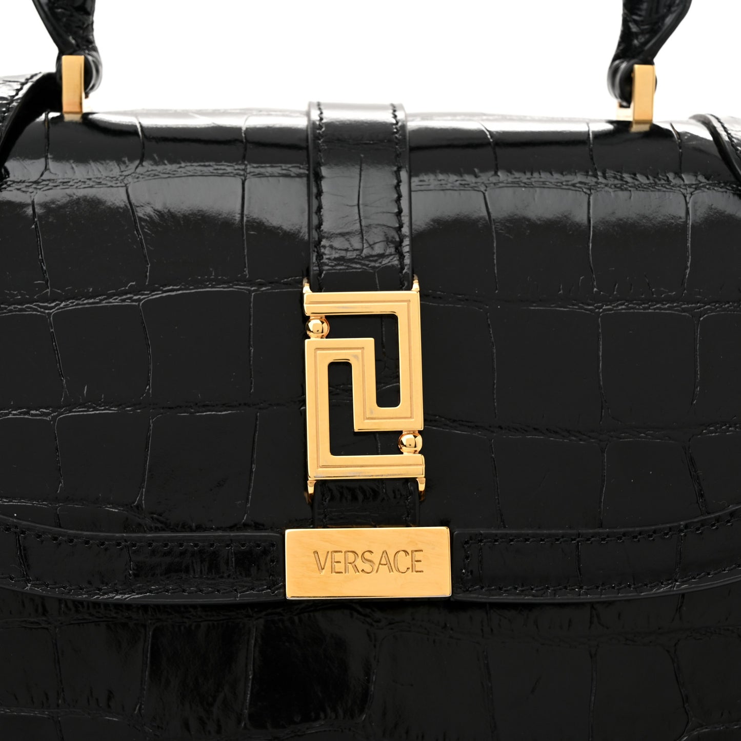 Calfskin Crocodile Embossed Greca Goddess Top Handle Bag Black