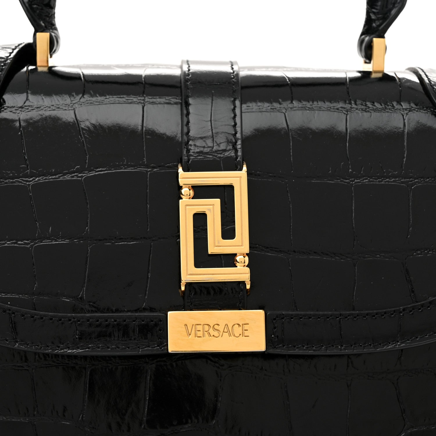 Versace Calfskin Crocodile Embossed Greca Goddess Top Handle Bag Black 7 of 11